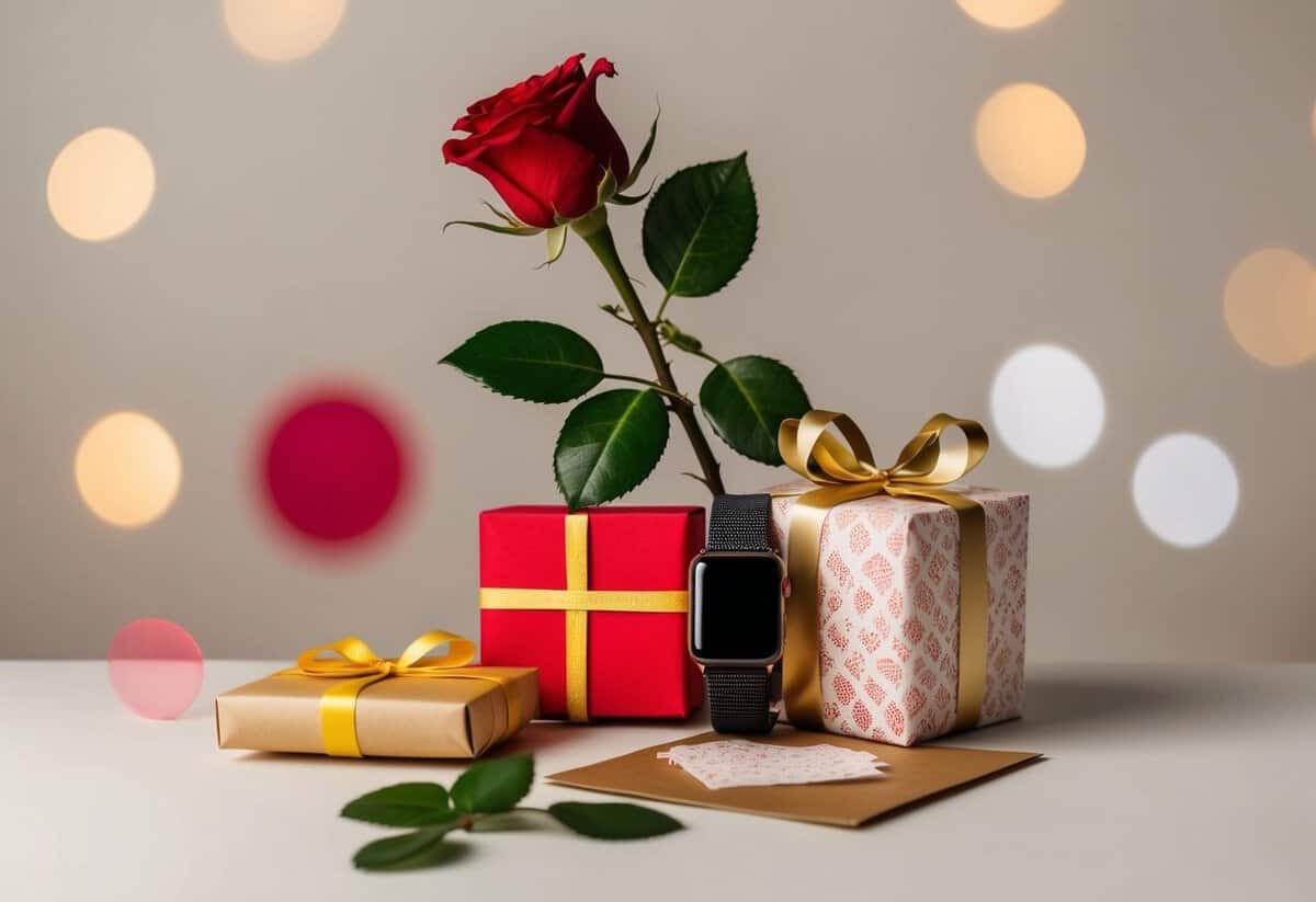 A single red rose surrounded by a modern smartwatch and a traditional paper gift, against a neutral background