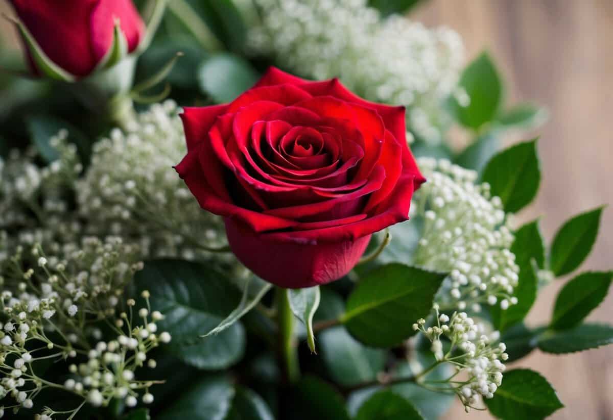 A single red rose surrounded by delicate baby's breath and greenery, symbolizing the passionate love and new beginnings of the first year of marriage