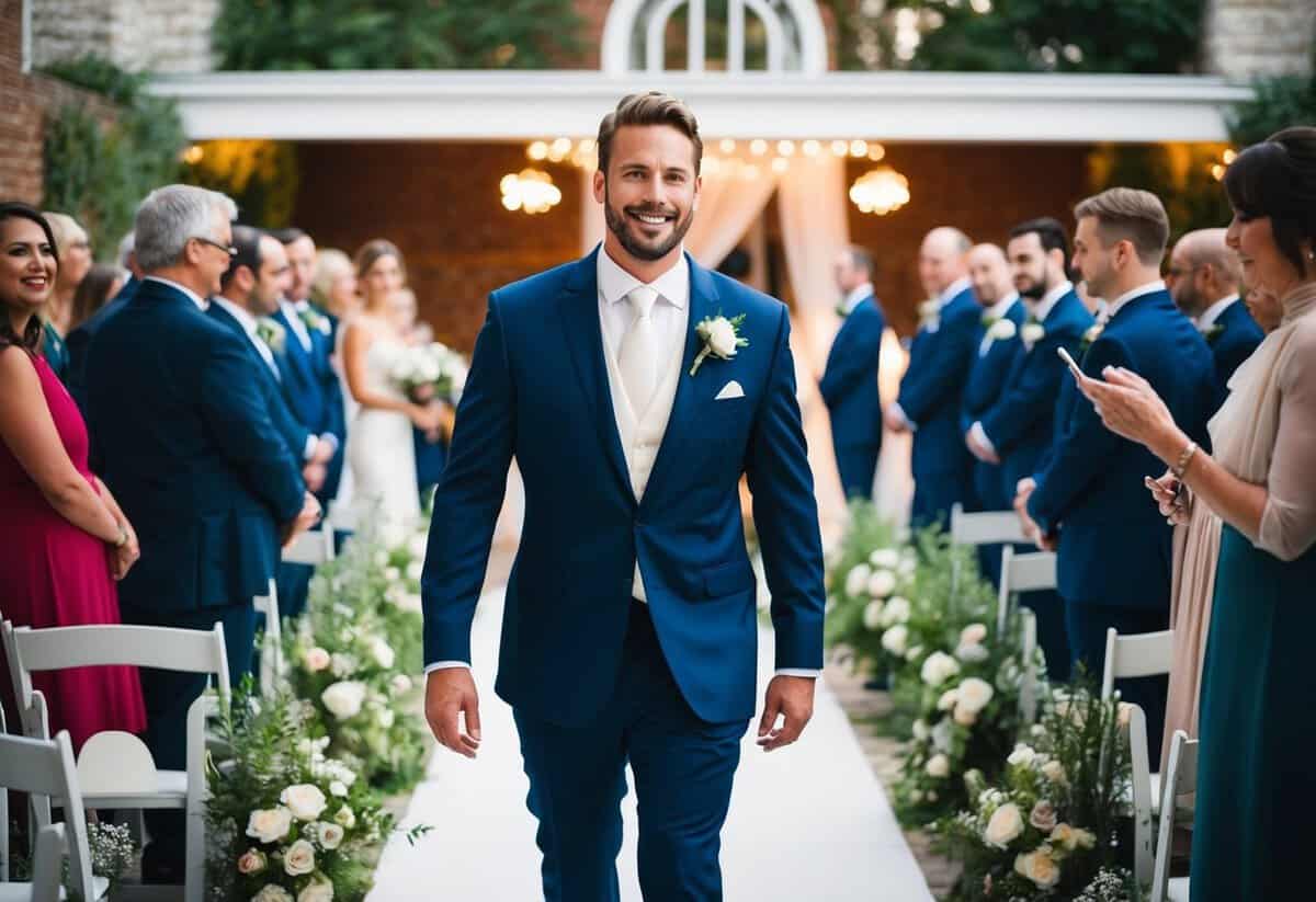 The groom walks down the aisle to the sound of a romantic and uplifting instrumental piece, setting the tone for the wedding ceremony