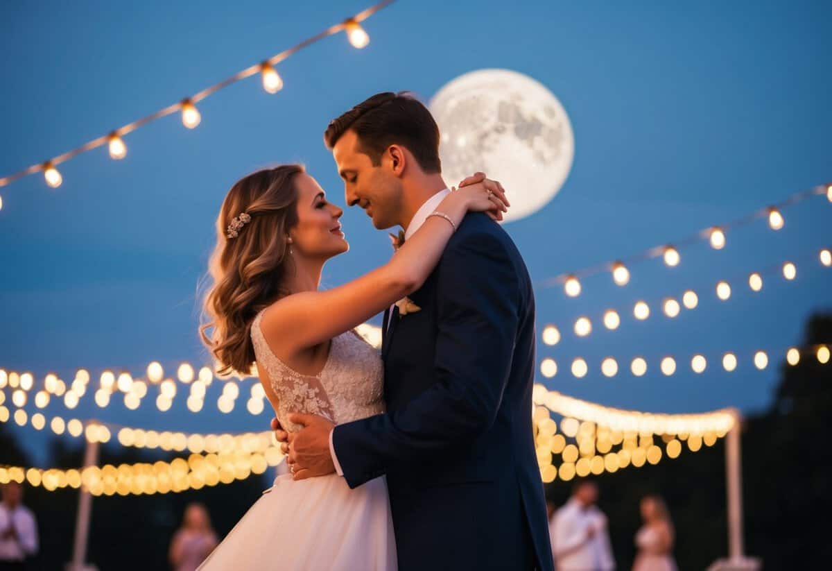 A couple dancing under a moonlit sky, surrounded by twinkling lights and swaying to a classic love song