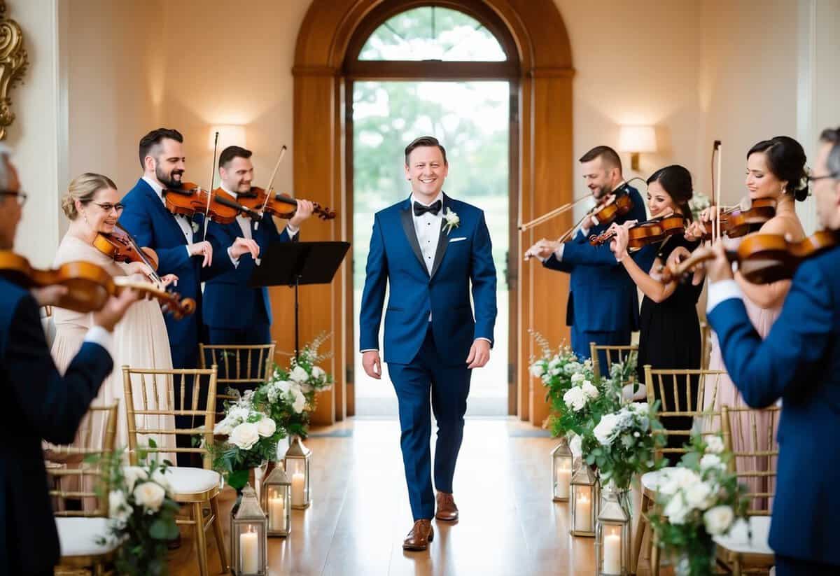 The groom walks down the aisle to the sound of a live string quartet, filling the air with elegant and romantic music