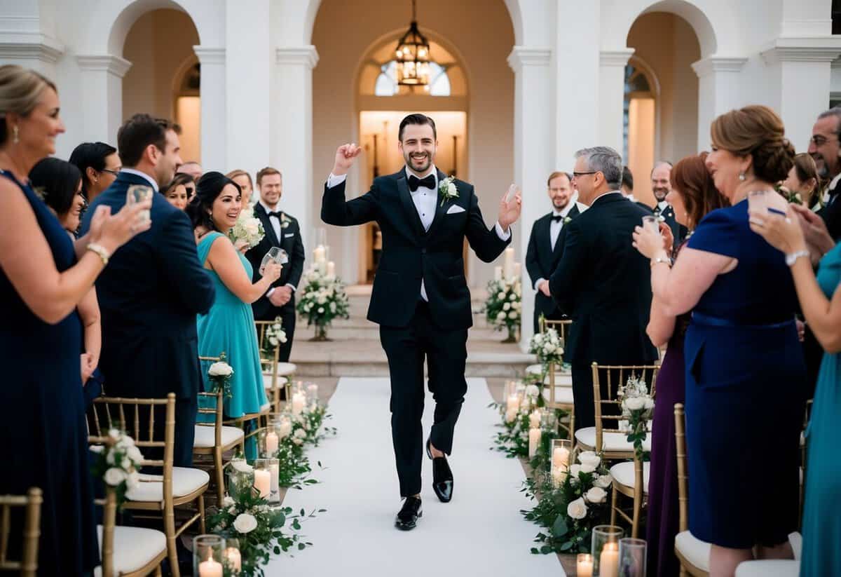 The groom walks down the aisle to the sound of a triumphant and joyous instrumental piece, setting the tone for the perfect moment