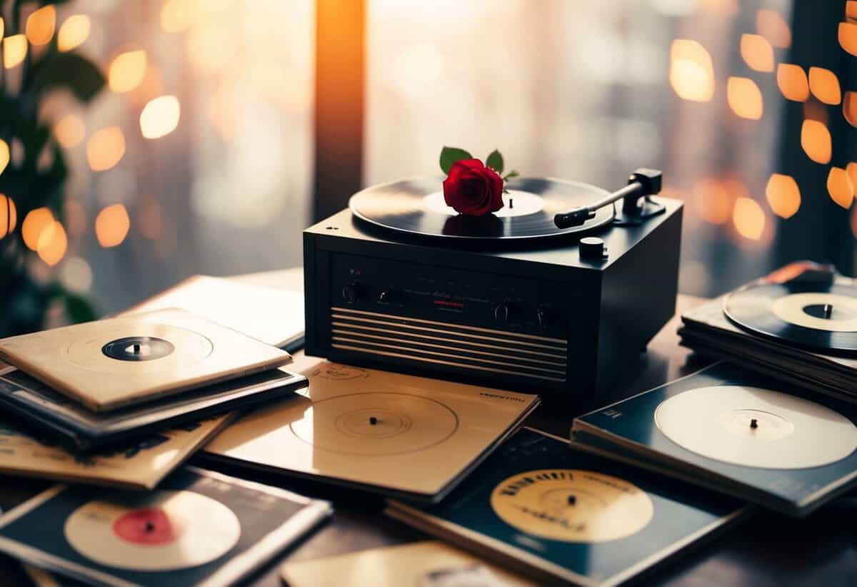 A record player surrounded by vintage love song albums, with a single red rose lying on top