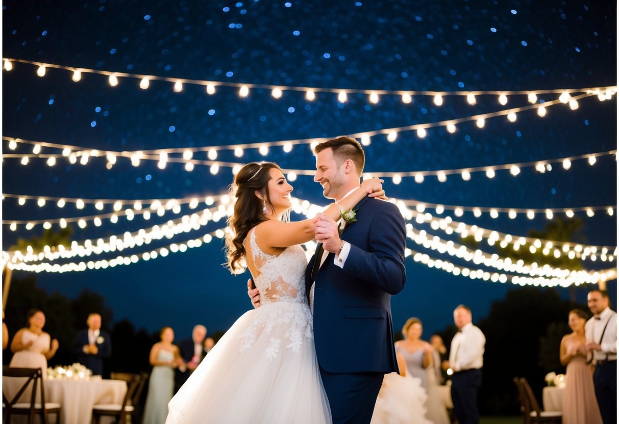 A bride and groom dancing under a starry night sky, surrounded by twinkling lights and romantic ambiance