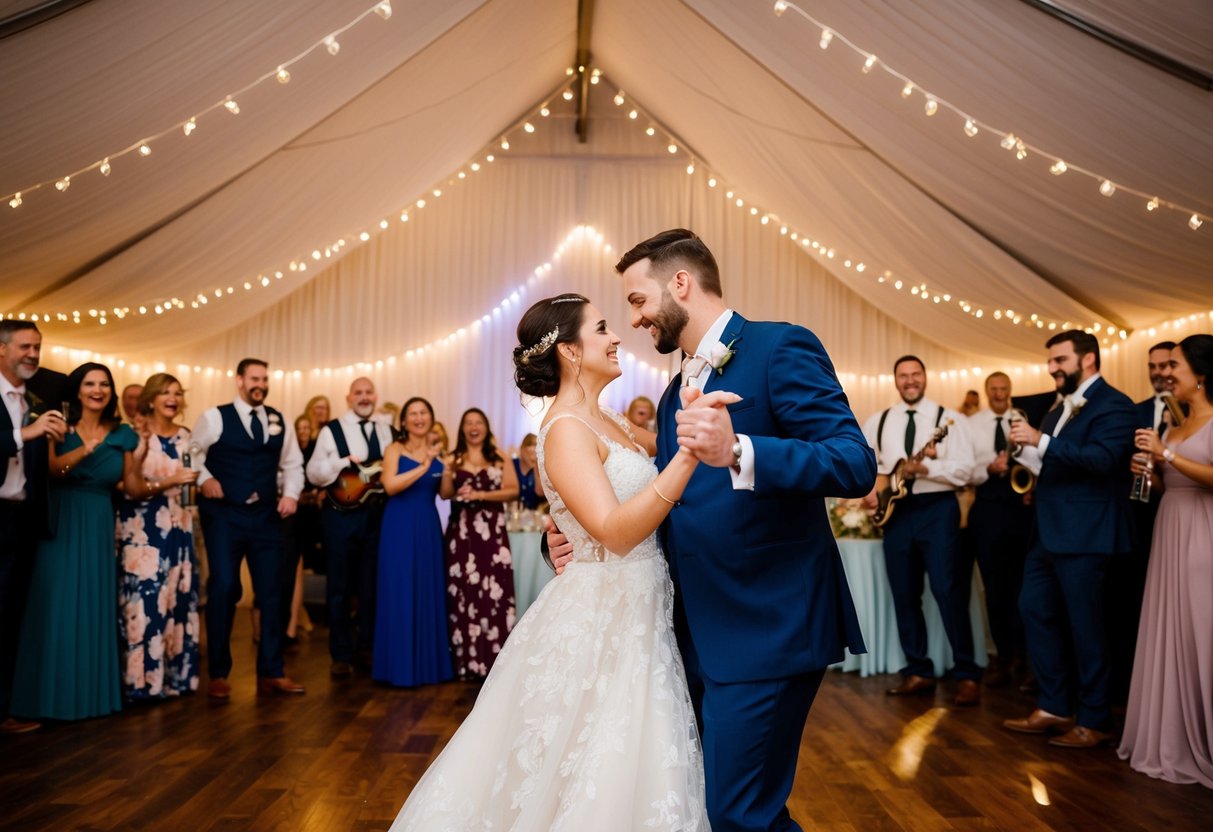 A bride and groom dance under twinkling lights, surrounded by friends and family, as a live band plays their number one requested wedding song