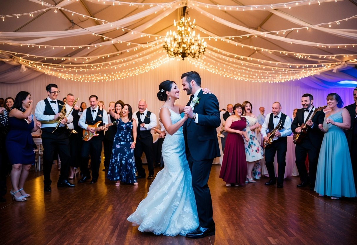 A bride and groom dancing under twinkling lights, surrounded by friends and family, while a live band plays their number one requested wedding song