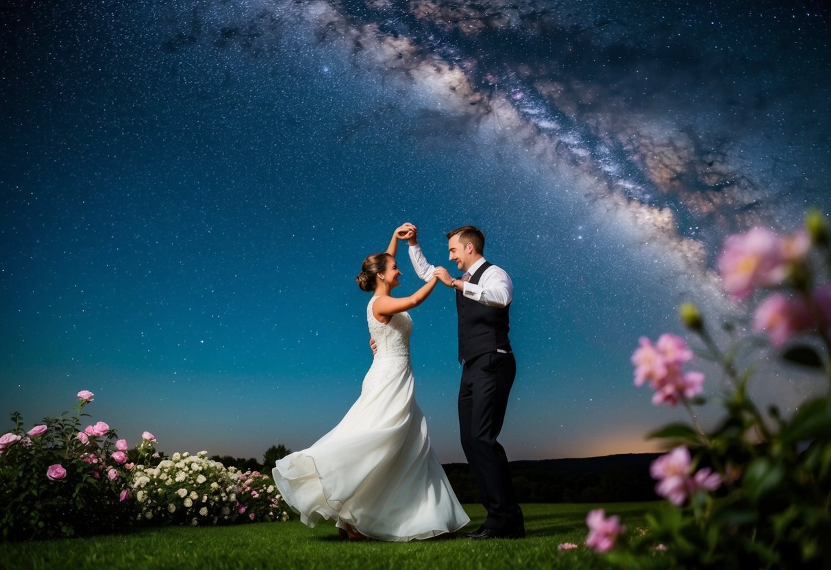 A couple dancing under a starry sky, surrounded by blooming flowers and a serene landscape