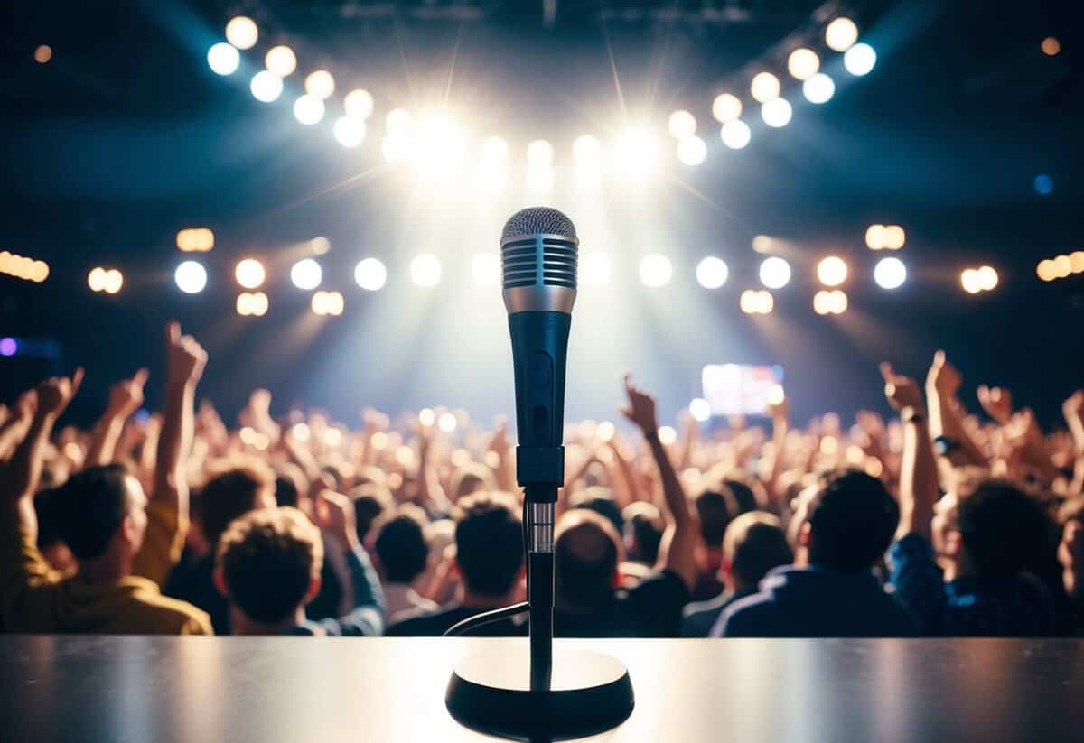 A lone microphone stands center stage, surrounded by flashing lights and a crowd of cheering fans