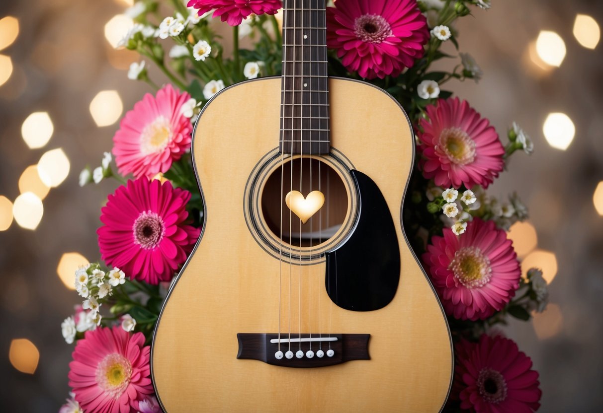 A guitar surrounded by blooming flowers, with a shining heart at its center