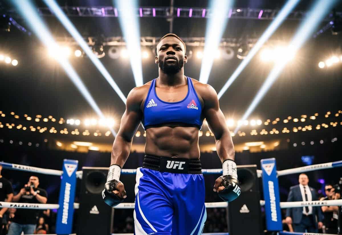 A fighter confidently strides into the arena, surrounded by flashing lights and roaring fans, as their walkout song blares through the speakers, amplifying their persona