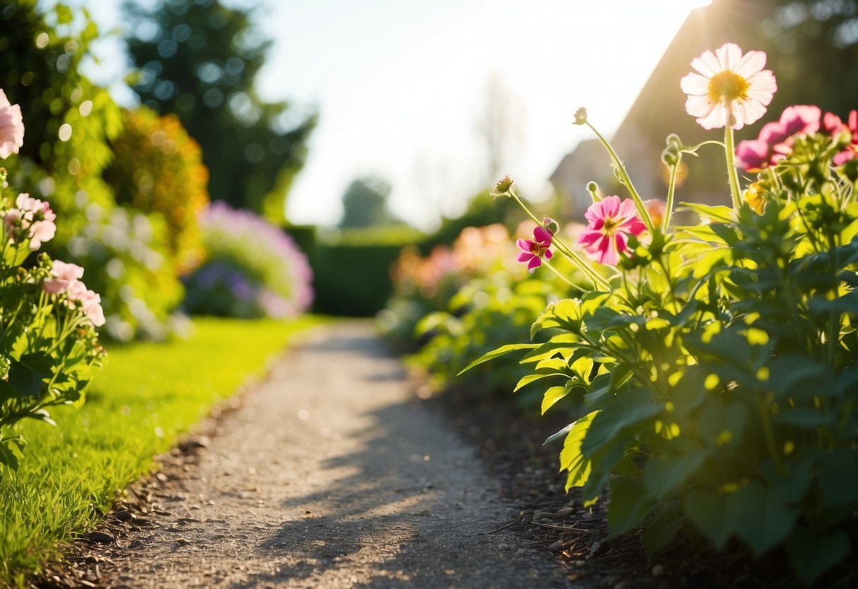 A sunlit garden path with blooming flowers and a gentle breeze