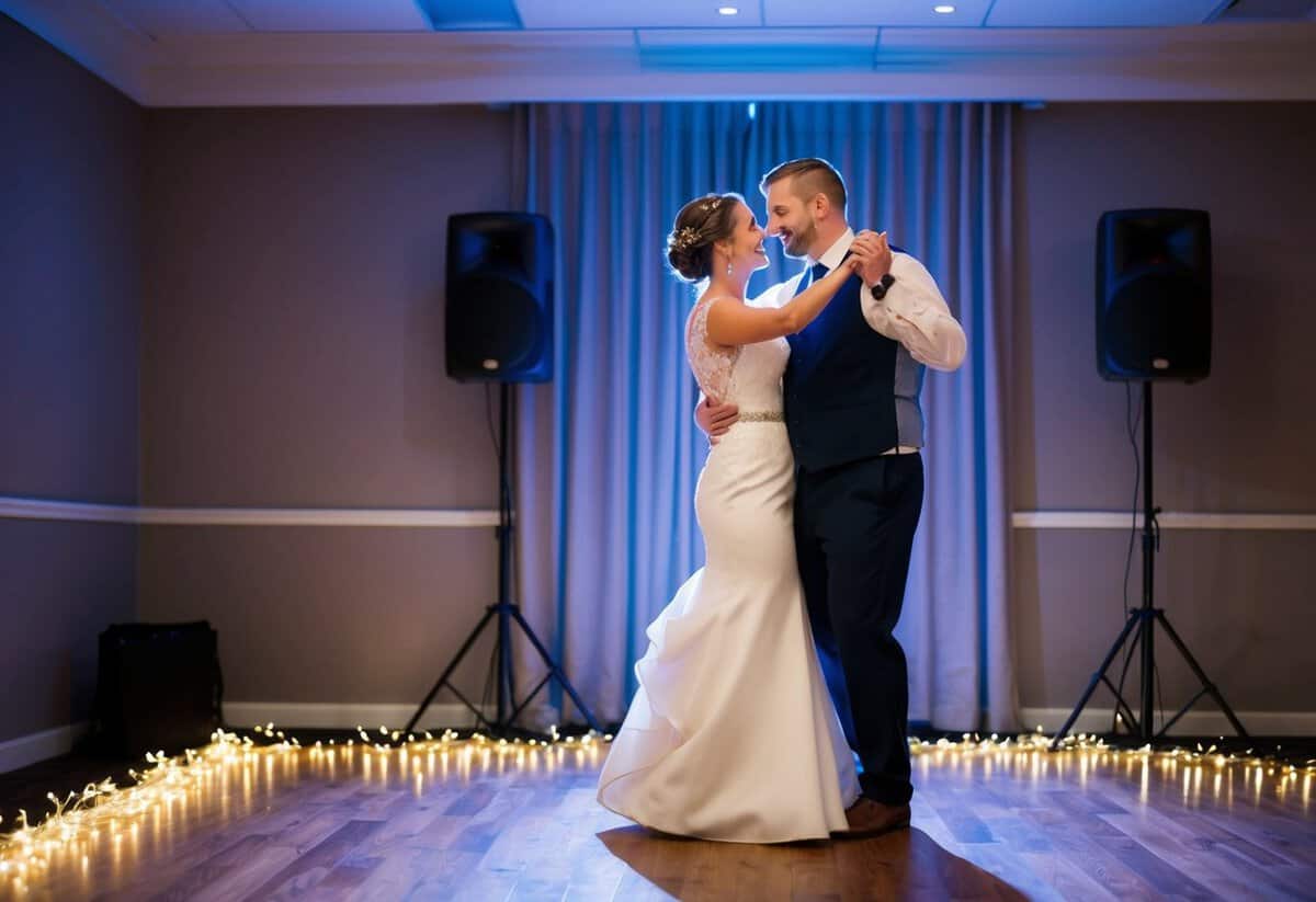 A couple stands in a dimly lit room, surrounded by twinkling lights and soft music playing. They share a tender moment as they dance together for the first time as husband and wife