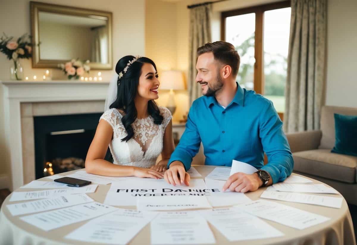 A couple sits at a table covered in wedding plans, discussing their first dance song. The room is filled with soft light and the atmosphere is cozy and romantic