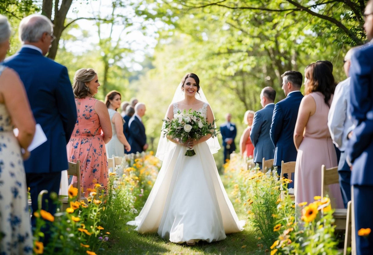 A bride walks down a sun-dappled forest aisle, surrounded by vibrant wildflowers and a gentle breeze, as music fills the air