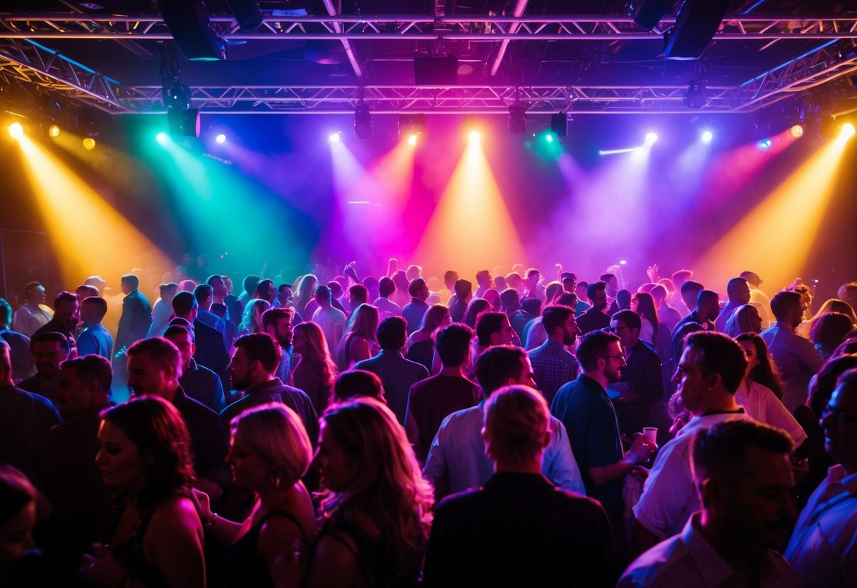 Colorful lights flash over a crowded dance floor as music fills the air, drawing people in with its infectious rhythm and energy