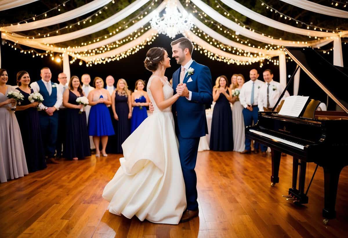 A bride and groom dance under a canopy of twinkling lights, surrounded by friends and family, as a musician plays a classic wedding song on a grand piano