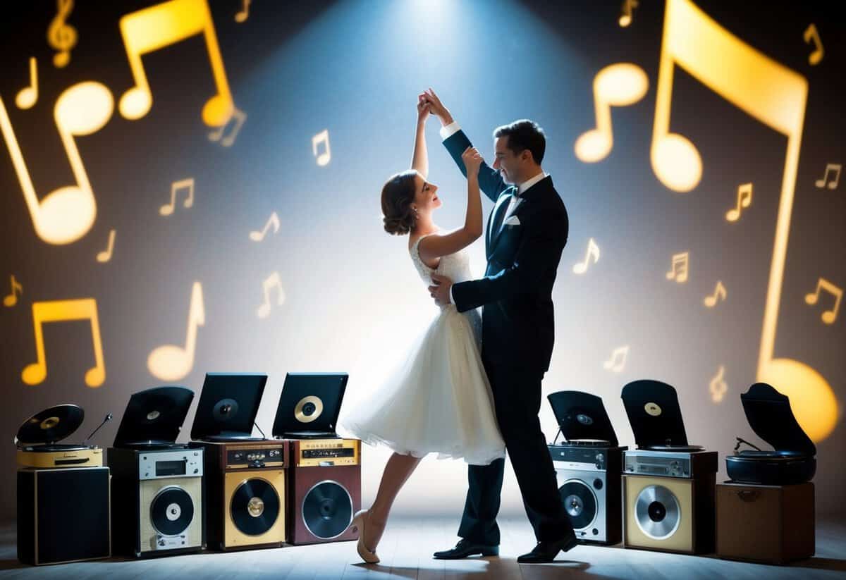A couple dancing under a spotlight, surrounded by vintage record players and musical notes from different eras