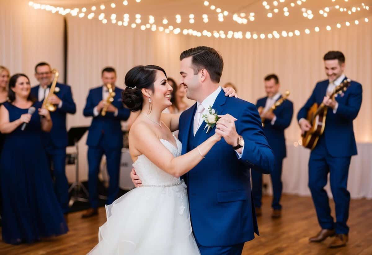 A bride and groom dancing under twinkling lights as a live band plays a classic wedding song