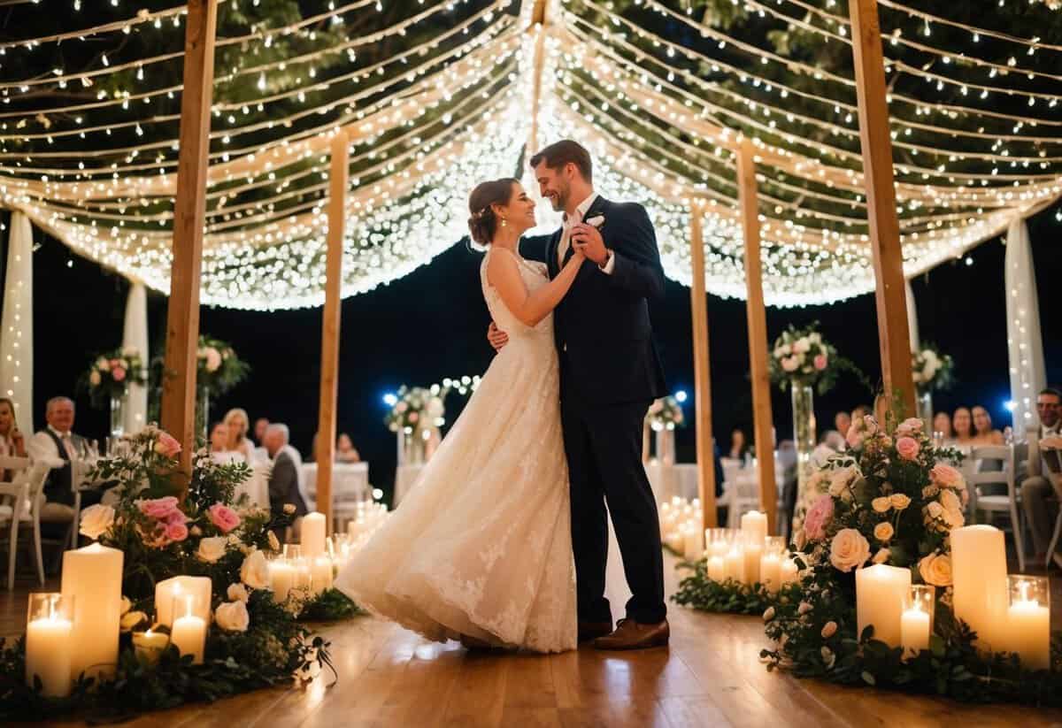 A couple dances under a canopy of twinkling lights, surrounded by blooming flowers and the soft glow of candles