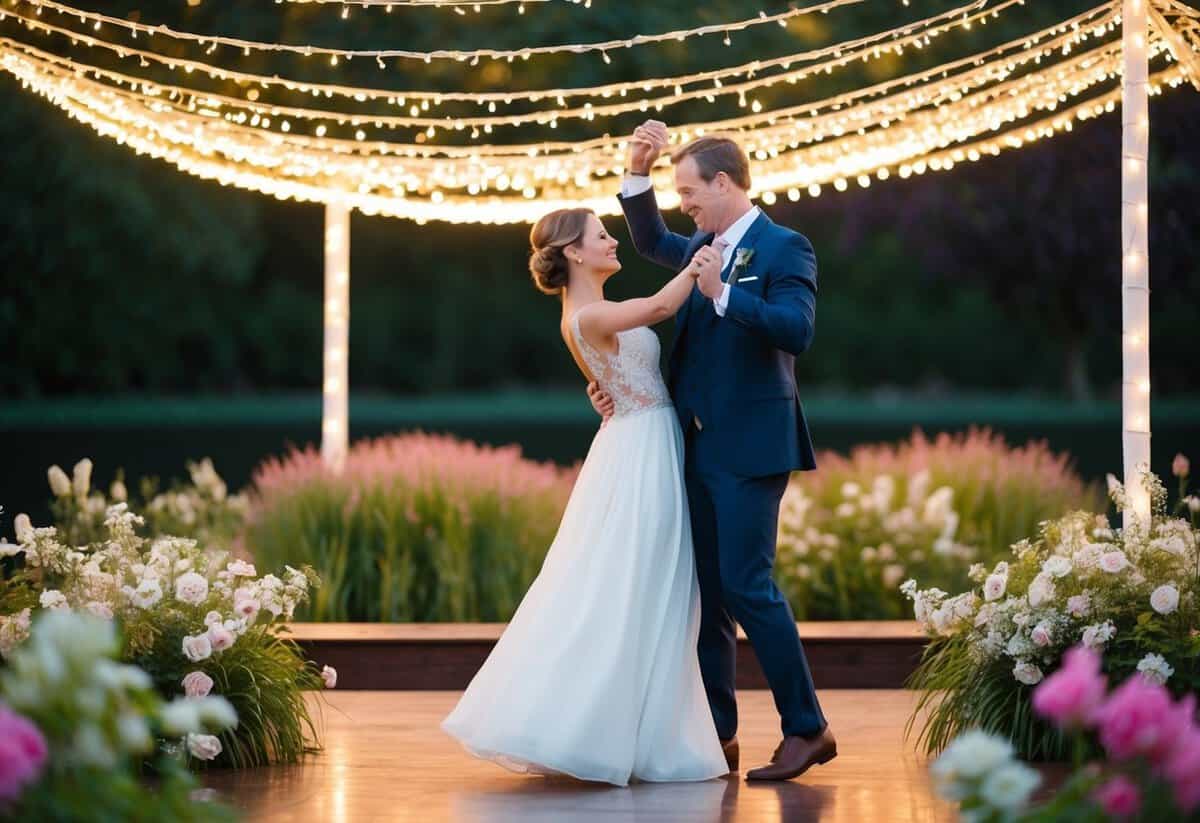A couple dancing under a canopy of twinkling lights, surrounded by blooming flowers and serene water