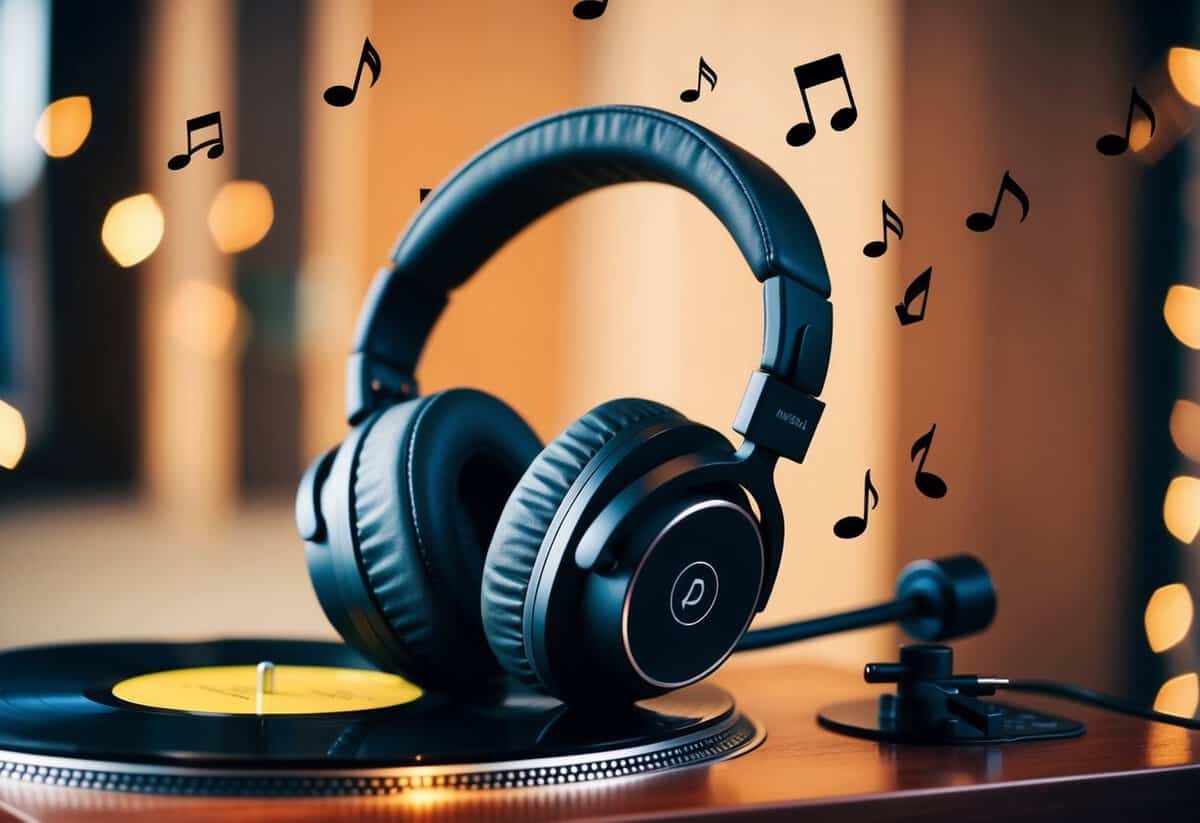 A pair of headphones resting on a record player, with musical notes floating in the air