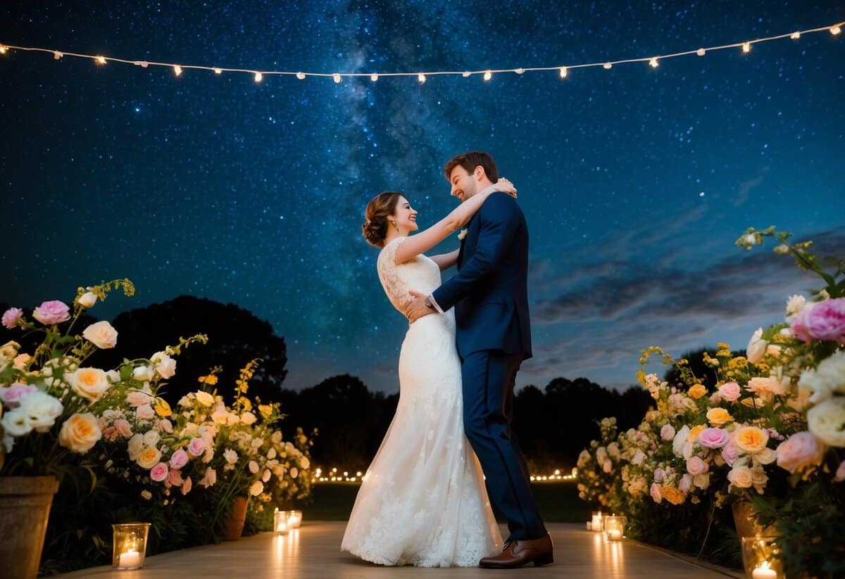 A couple dances under a starry sky, surrounded by blooming flowers and twinkling lights, as the melody of The Beatles' "In My Life" fills the air