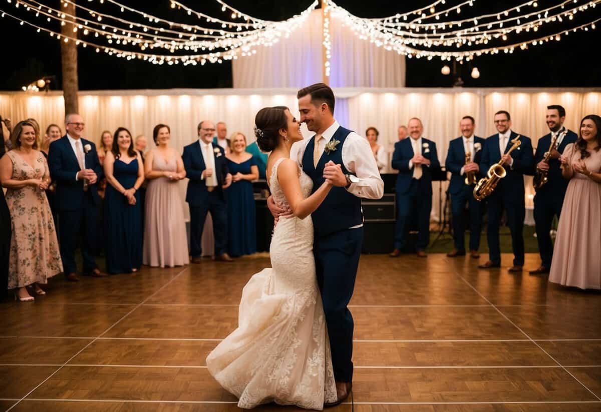 A couple dances under twinkling lights, surrounded by friends and family, as a band plays a romantic wedding song