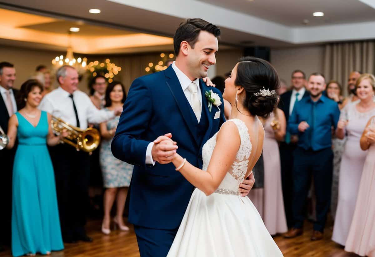 A bride and groom dancing, surrounded by guests, as a band plays a classic wedding song