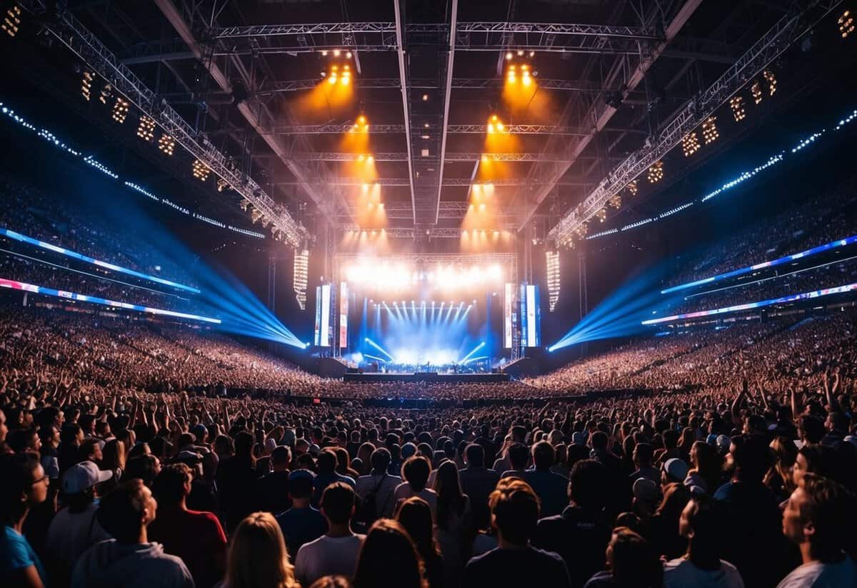 A crowded concert stadium with a massive stage, bright lights, and a roaring crowd
