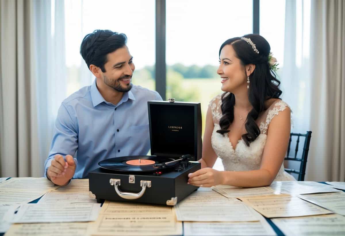 A couple sits at a table covered in sheet music, listening to various songs on a record player. They smile and nod as they find the perfect song for their wedding