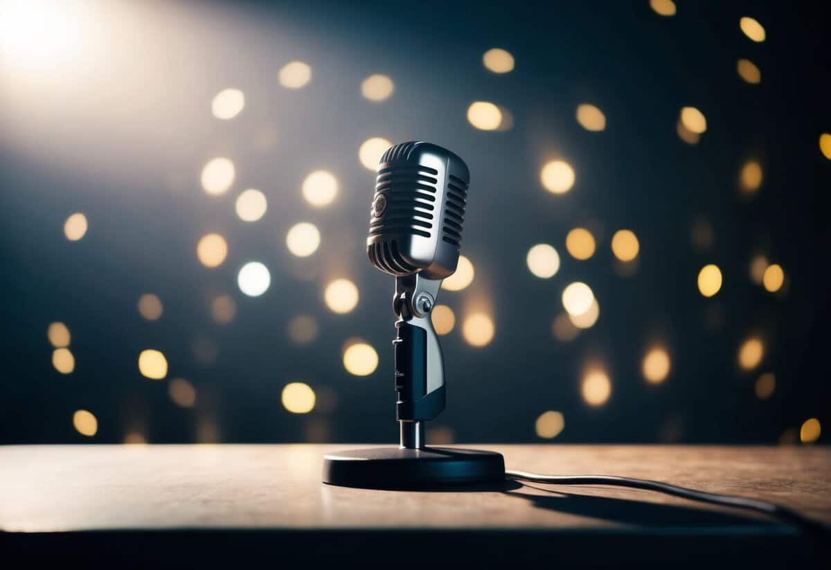 A microphone stands alone on a dimly lit stage, bathed in a spotlight. The air is filled with the sound of a classic love song