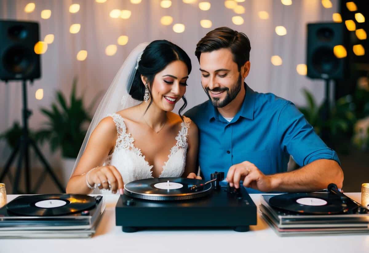 A couple sits together, surrounded by records and a turntable, carefully selecting a song for their wedding reception
