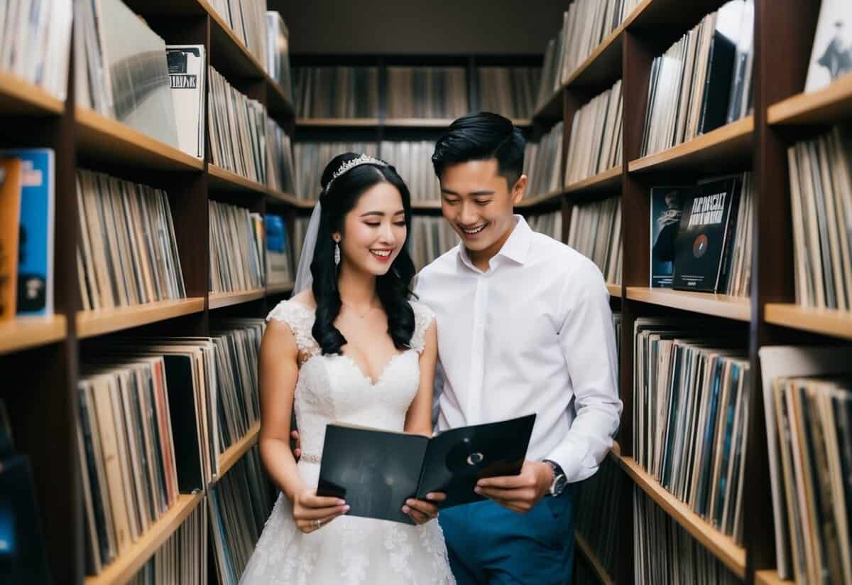 A couple stands together, surrounded by shelves of vinyl records. They smile as they flip through the albums, searching for the perfect song for their wedding