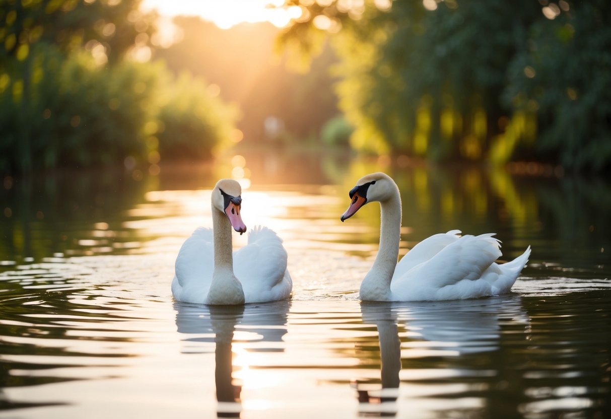 A pair of swans swimming gracefully in a serene, sunlit pond