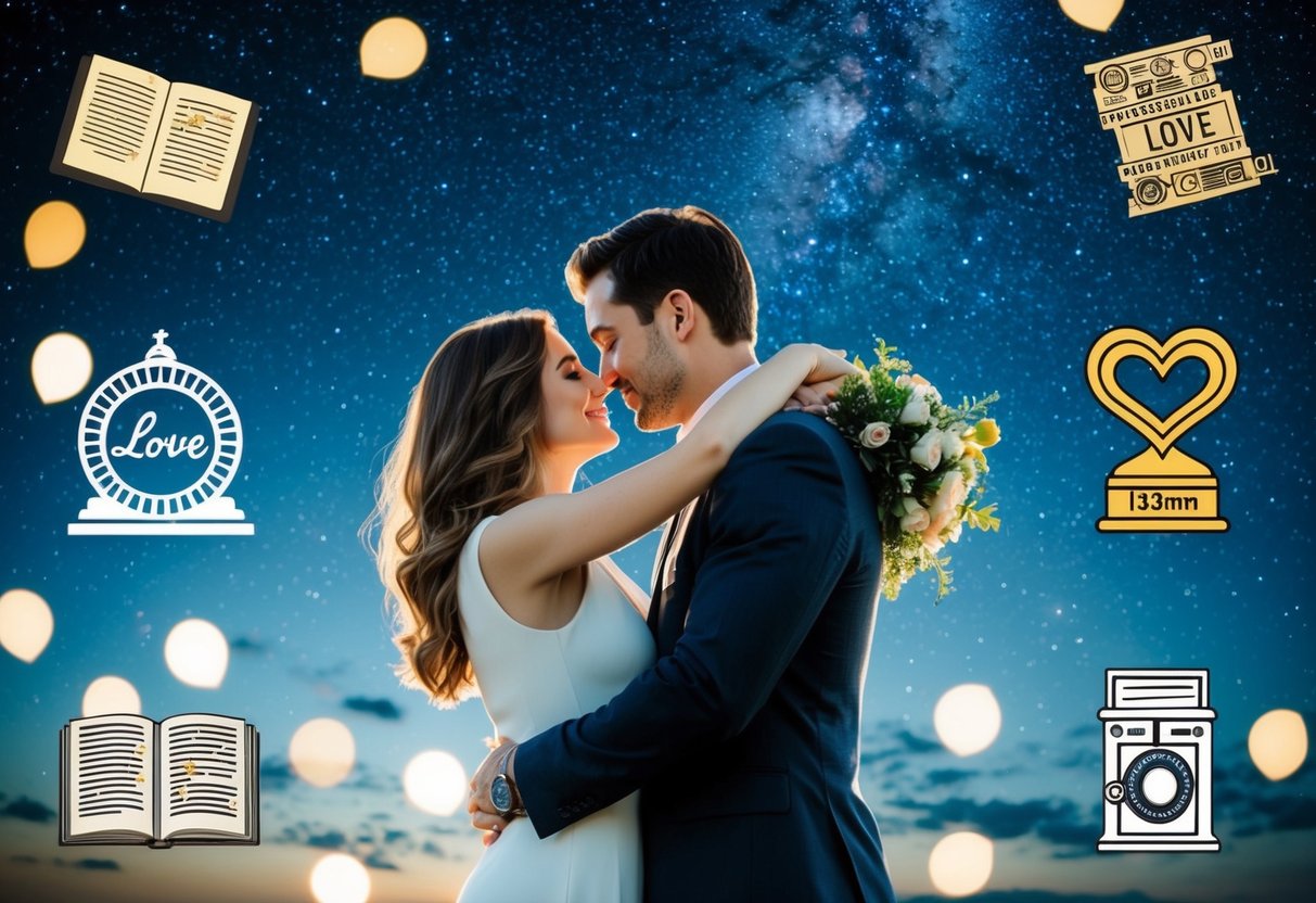 A couple embracing under a starry sky, surrounded by iconic symbols of love from famous literature and film