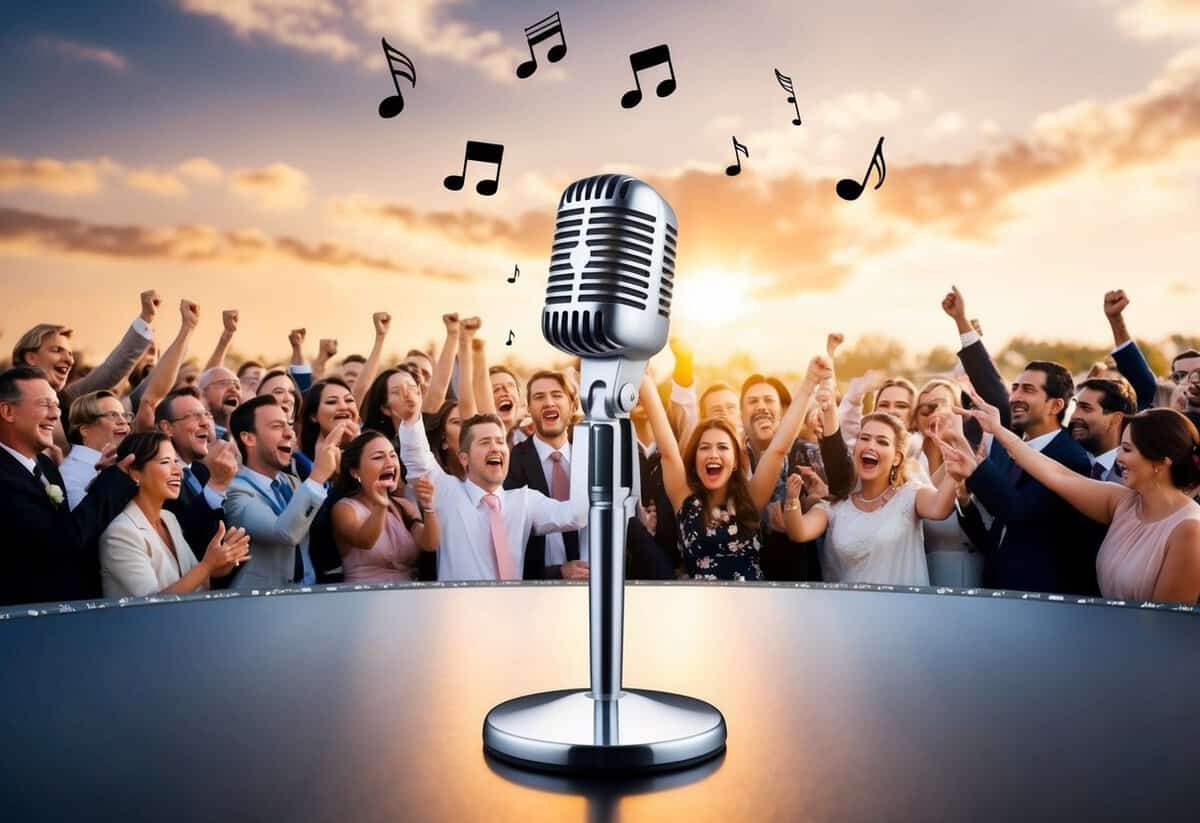 A microphone stands on a stage, surrounded by a crowd of cheering people. Music notes float in the air above, symbolizing the popularity of the wedding song