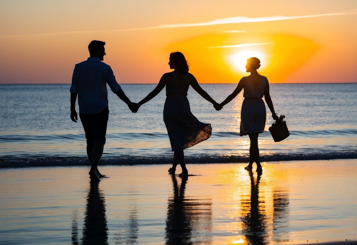 A radiant sunset over a tranquil beach, with two silhouetted figures walking hand in hand along the water's edge