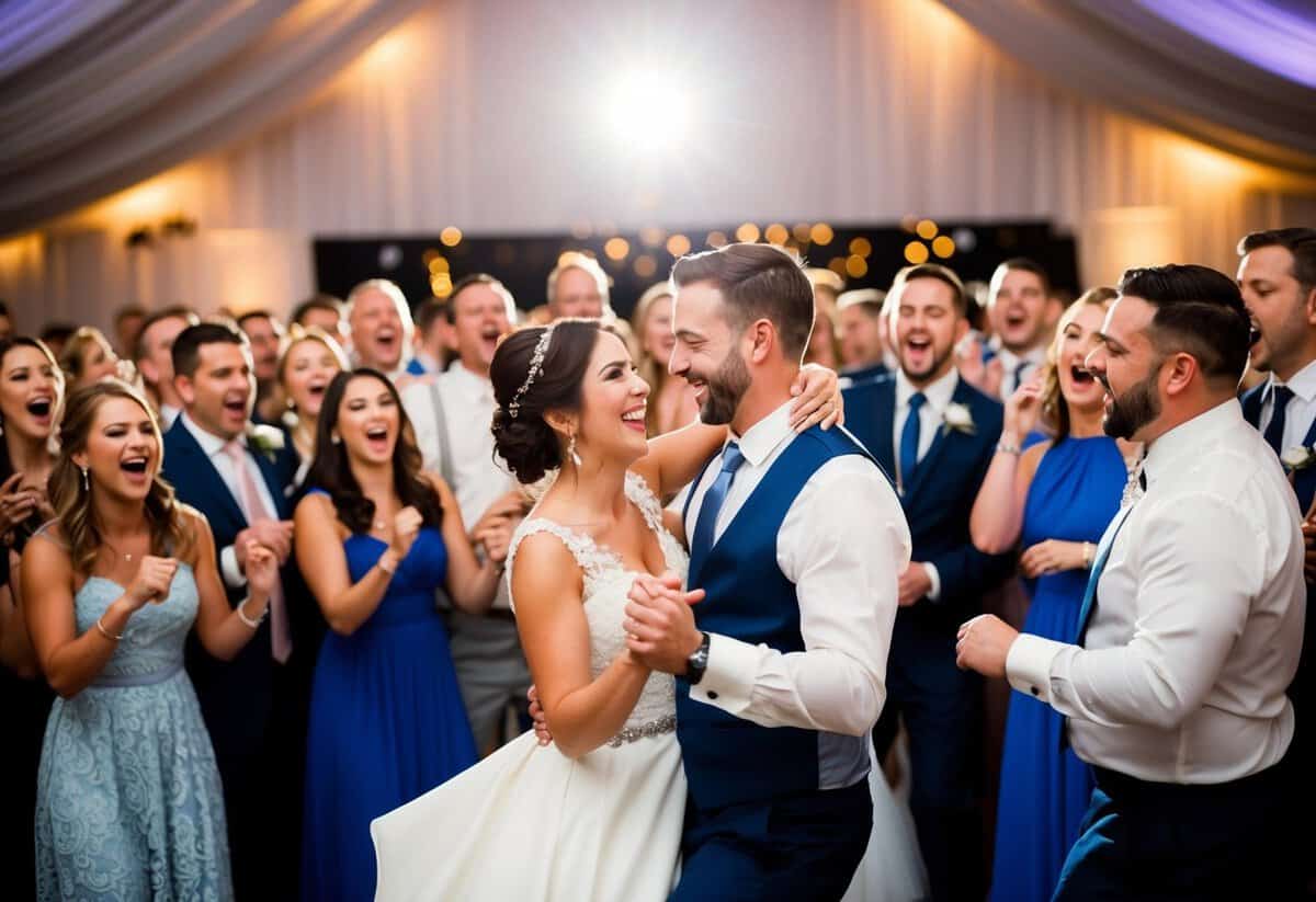 A couple dancing joyfully in a crowded wedding reception, surrounded by guests singing along to the popular wedding song