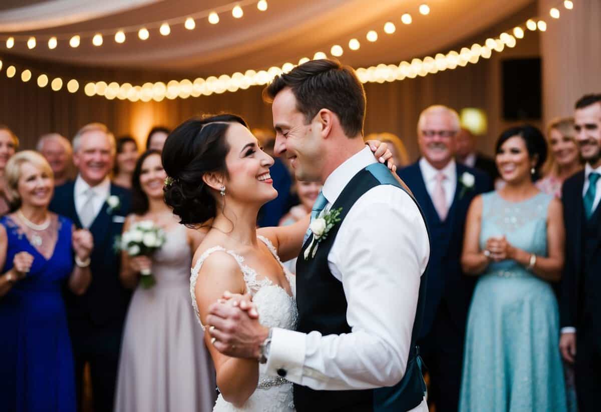 A couple dancing to a classic wedding song, surrounded by smiling guests and twinkling lights