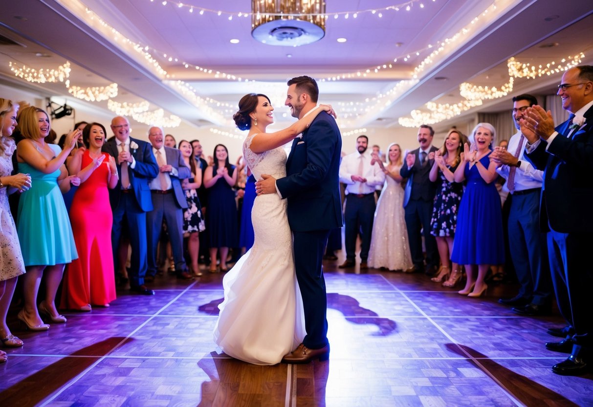 A couple stands in the center of a crowded dance floor, surrounded by twinkling lights and joyful guests. The music is upbeat, and everyone is clapping and cheering as the couple begins their first dance