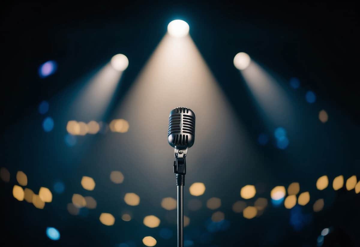 A solitary microphone stands center stage, bathed in a spotlight, as the music fills the air
