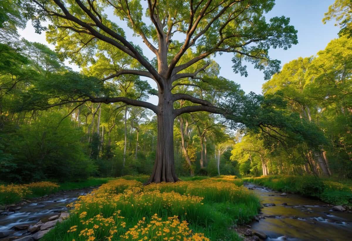 A serene forest with a towering tree, its branches reaching towards the sky, surrounded by colorful flowers and a gentle stream flowing nearby