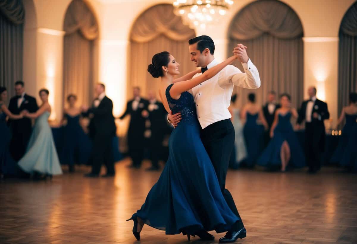 A couple dancing in a dimly lit ballroom, their movements fluid and sensual, their bodies pressed close together as they perform the forbidden dance