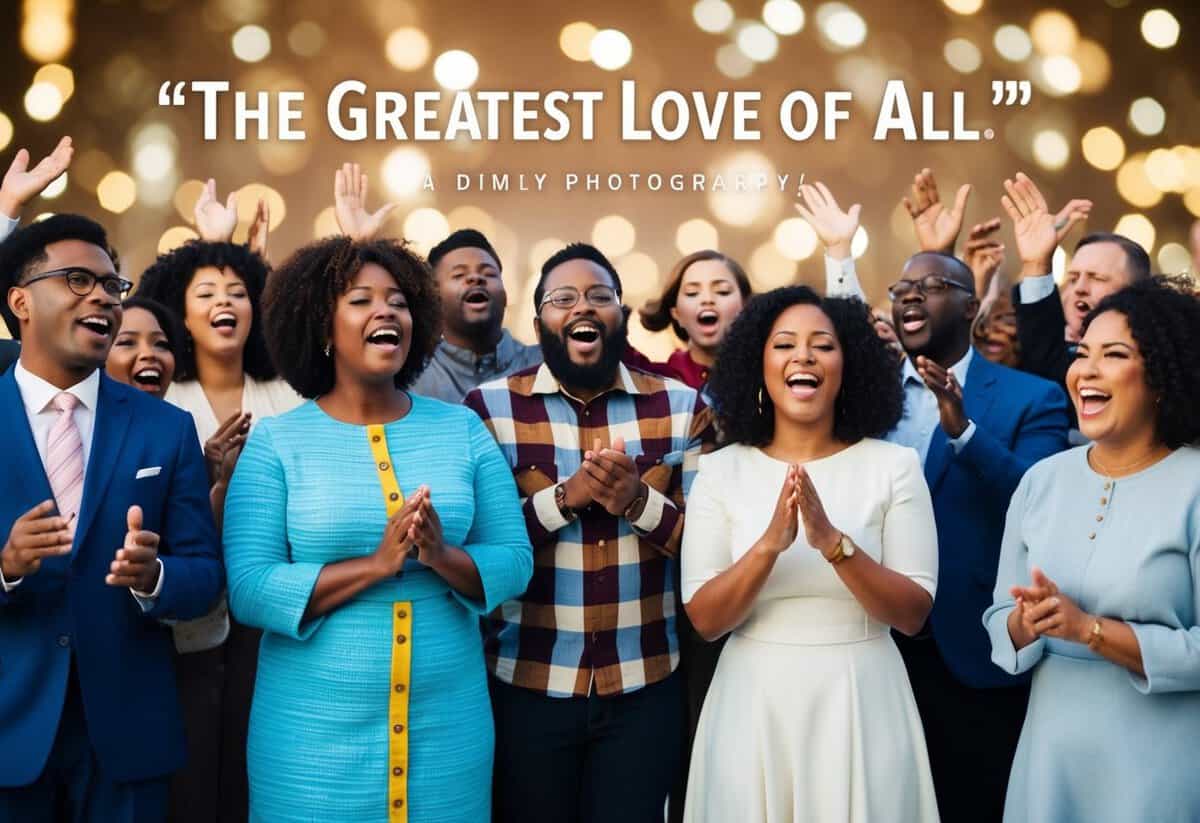 A diverse group of people from different cultures and backgrounds coming together to celebrate and sing the song "The Greatest Love of All."