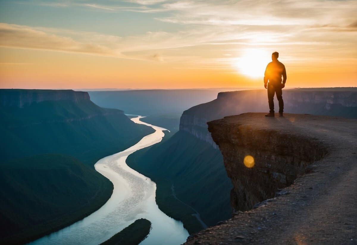 A solitary figure stands on a cliff overlooking a vast landscape, with a radiant sun setting in the distance and a peaceful river winding through the valley