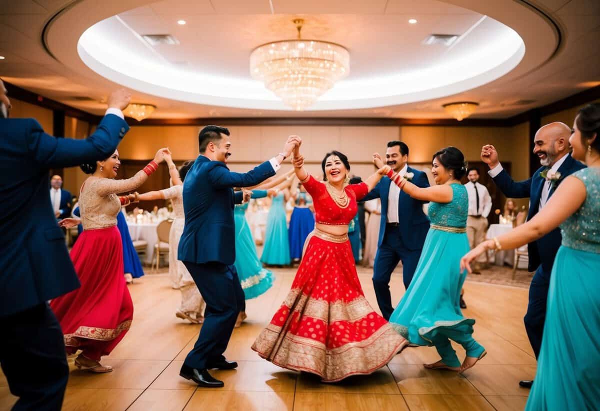 A circle of joyful guests dancing the traditional wedding dance