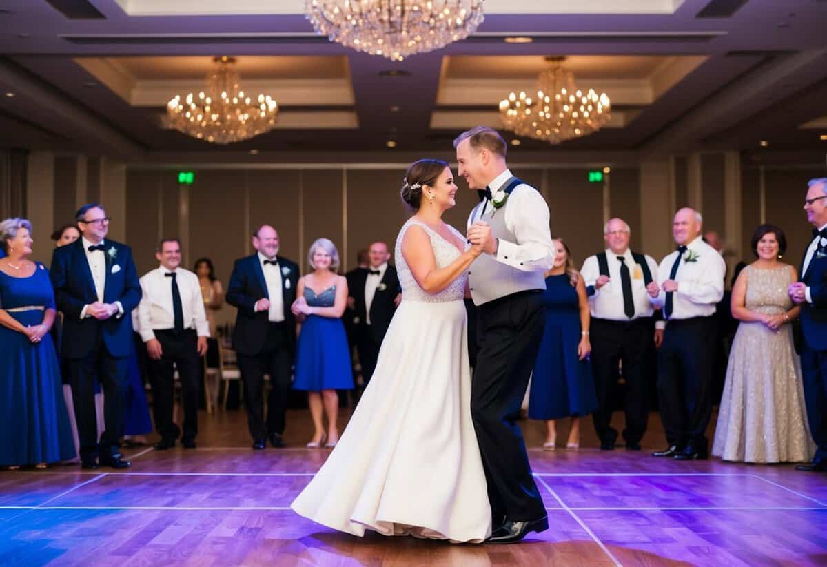 A couple waltzing on a dance floor surrounded by guests in formal attire