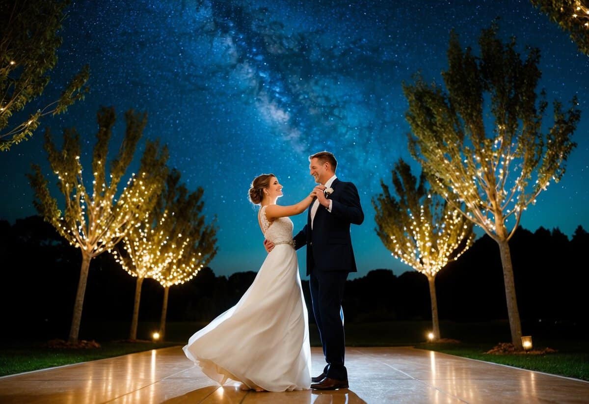 A couple dances under a starry night sky, surrounded by twinkling lights and swaying trees