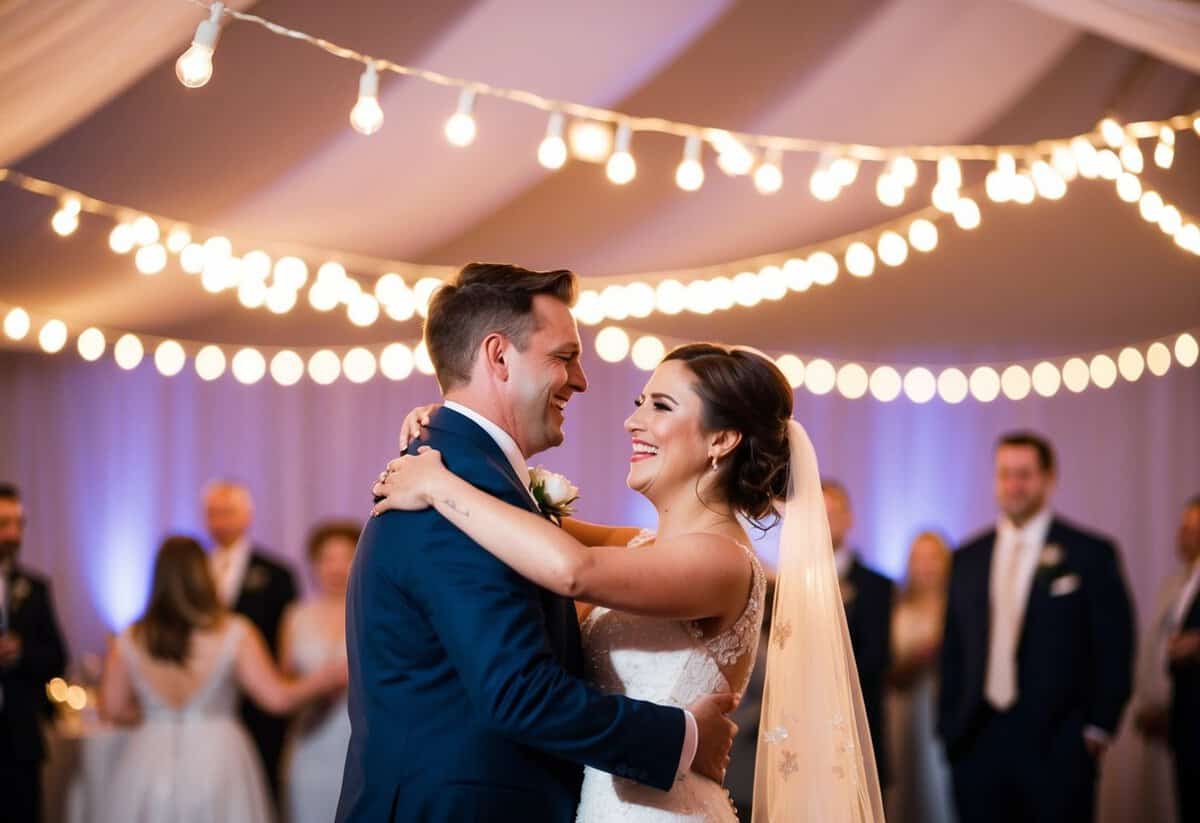 A couple joyfully dances under twinkling lights at their wedding reception