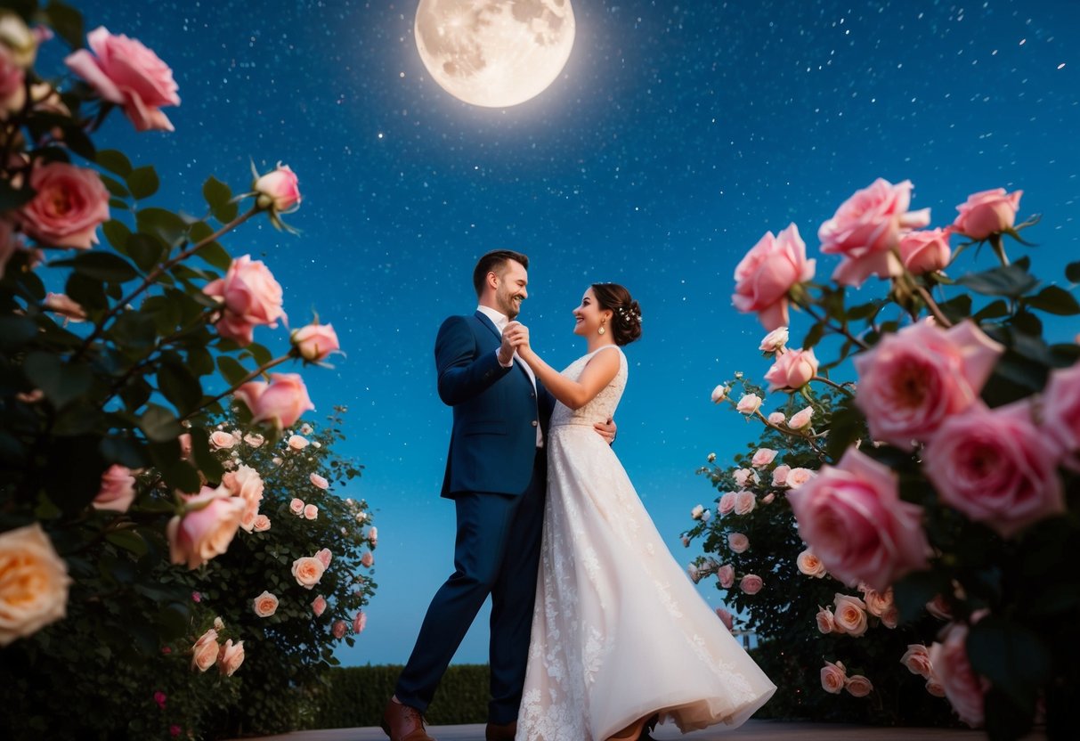 A couple dancing under a starry sky, surrounded by blooming roses and a glowing moon